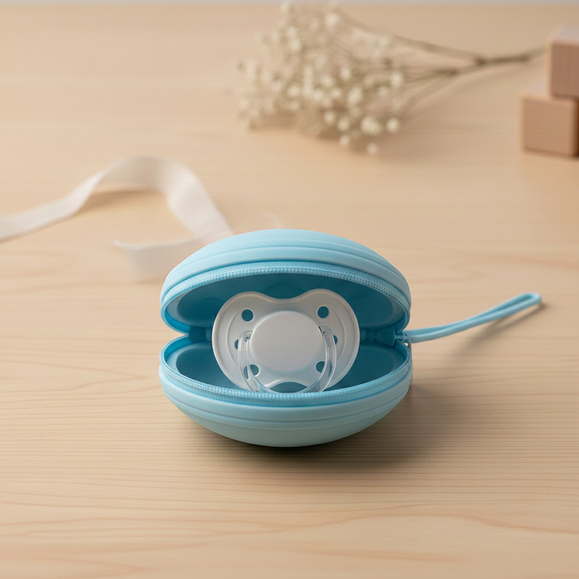 Custodia per Ciuccio in silicone azzurro Baby Island con cerniera, contenente ciuccio, perfetta per l'uso quotidiano fuori casa.