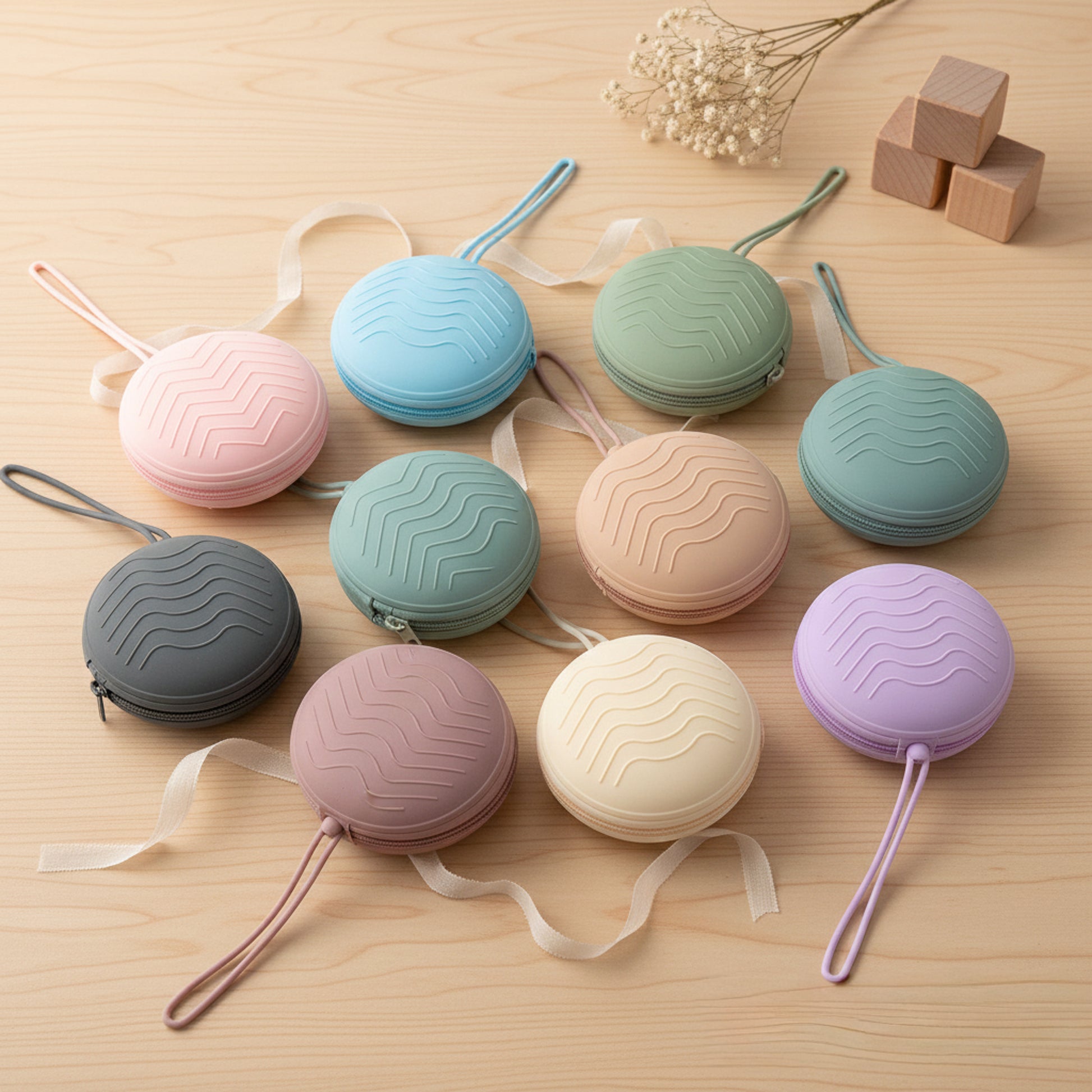 Set regalo Custodia per Ciuccio in silicone Porta Catenella Baby Island in 11 colori pastello, ideale per neonati e passeggini.