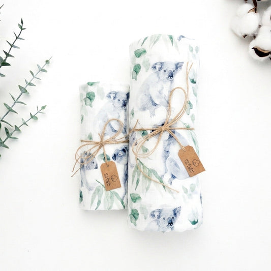 Mussola per neonati con koala e foglie di eucalipto, in cotone e bambù morbida per allatamento e baby swaddle