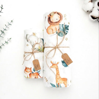 Mussola neonato con leone giraffe safari cotone e bambu