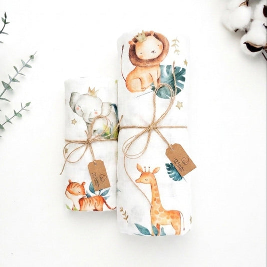 Mussola neonato con leone giraffe safari cotone e bambu