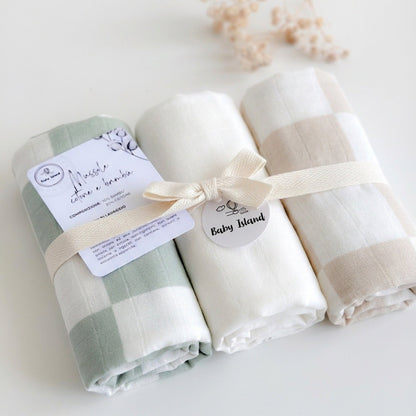 Mussola Cotone Bambù Neonato Scacchi Verde
