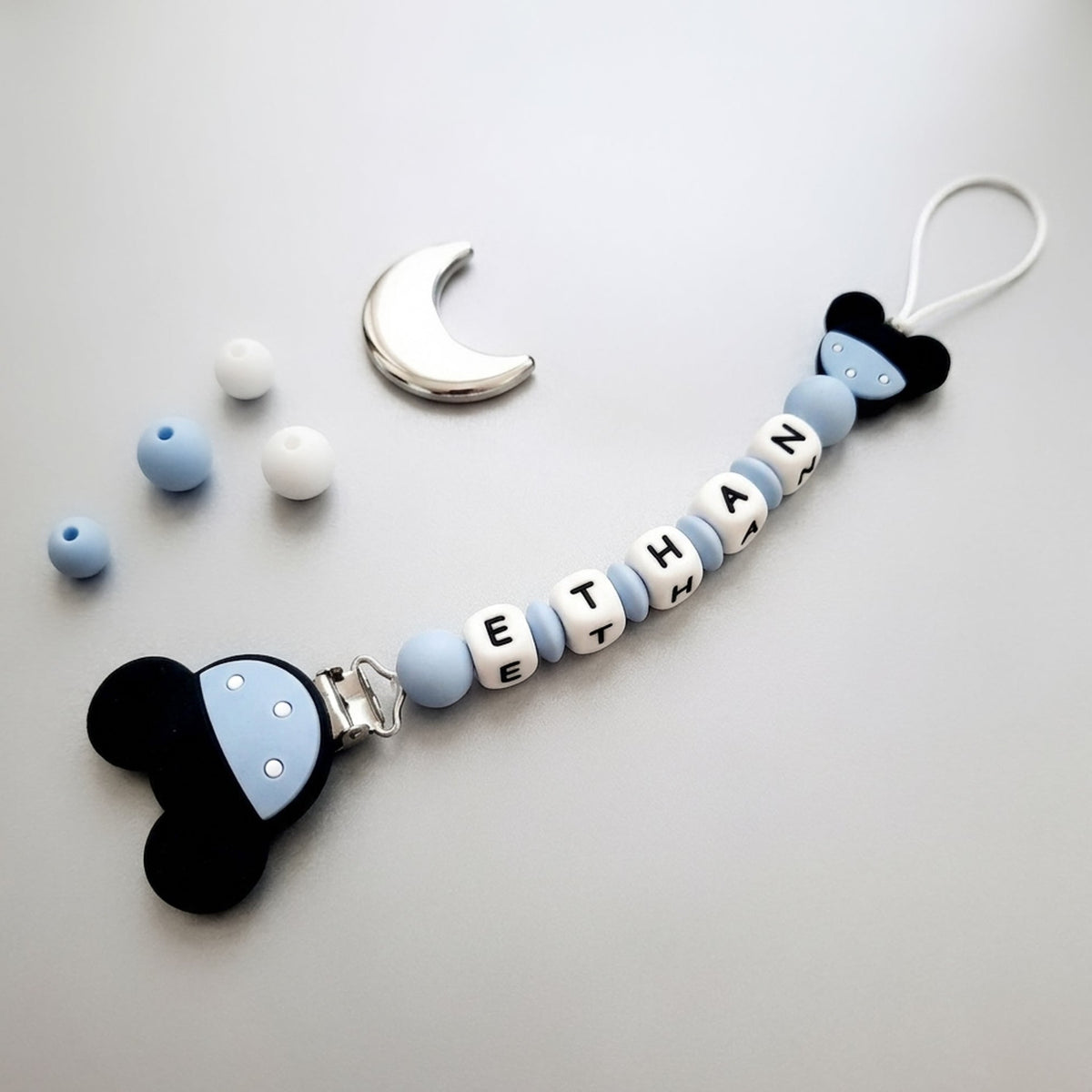 Clip porta ciuccio personalizzata con nome catenella baby silicone colori vivaci Minnie style
