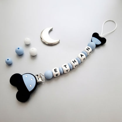 Clip porta ciuccio personalizzata con nome catenella baby silicone colori vivaci Minnie style