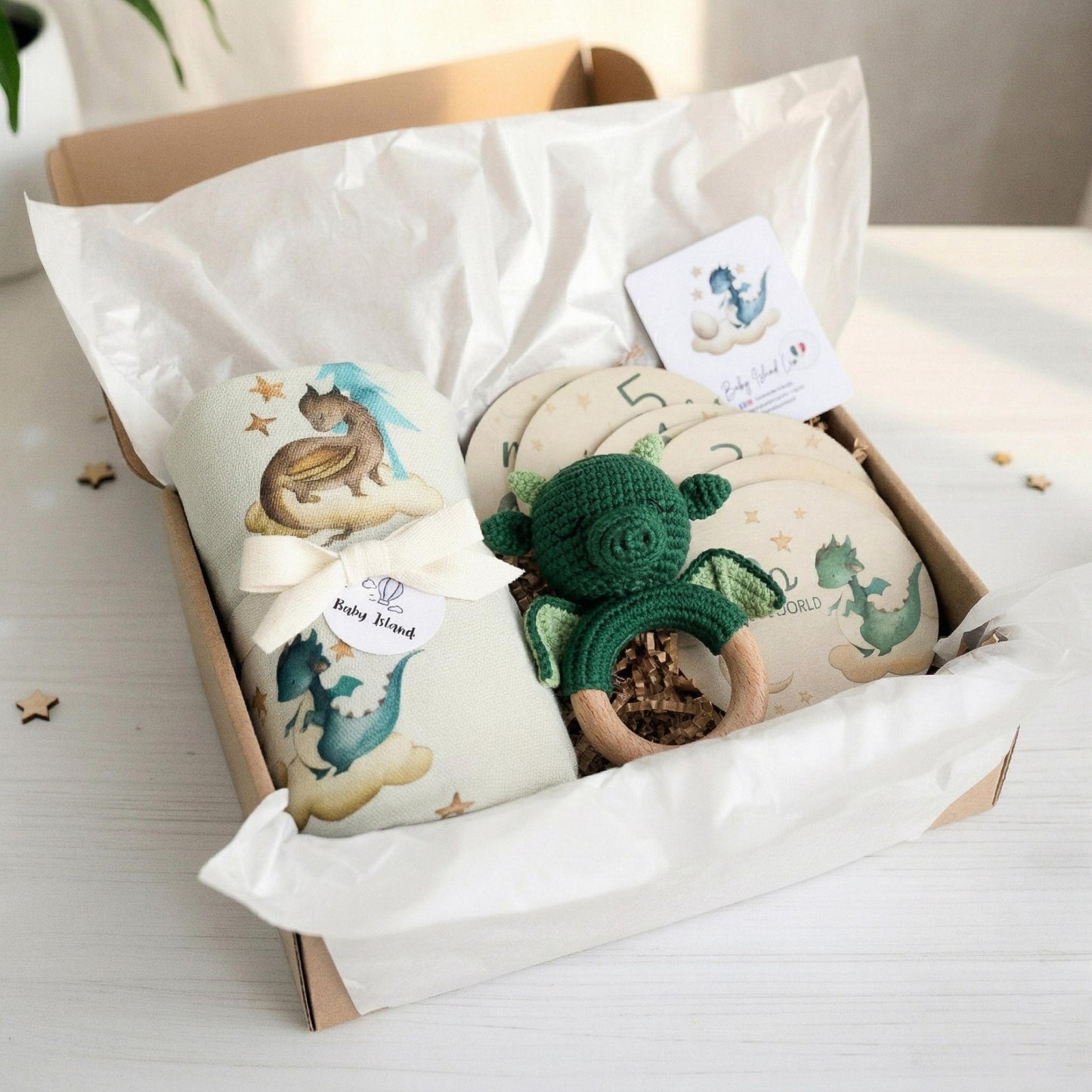 Set regalo neonato a tema draghi con complimese