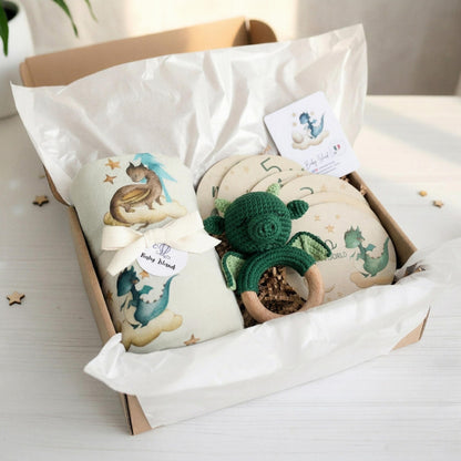 Set regalo neonato a tema draghi con complimese