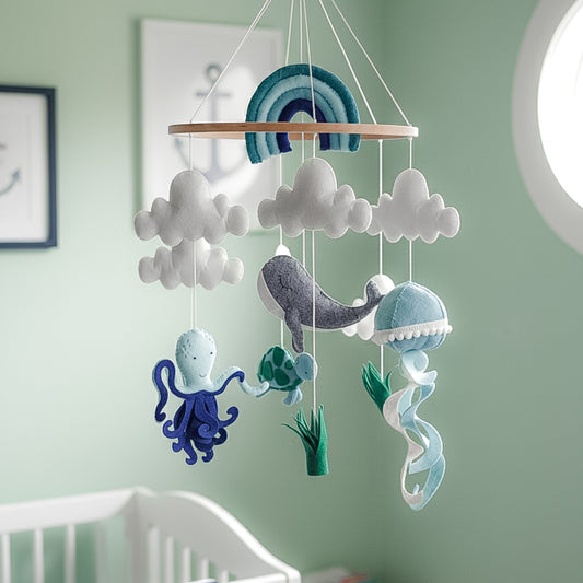 Giostrina per culla neonato a tema marino realizzata a mano in feltro morbido. Pendenti con animali dell'oceano tra cui balena grigia, polpo blu, tartaruga verde e medusa azzurra, sospesi sotto nuvole bianche e un arcobaleno nei toni del blu e verde acqua. Decorazione perfetta per cameretta a tema oceano.