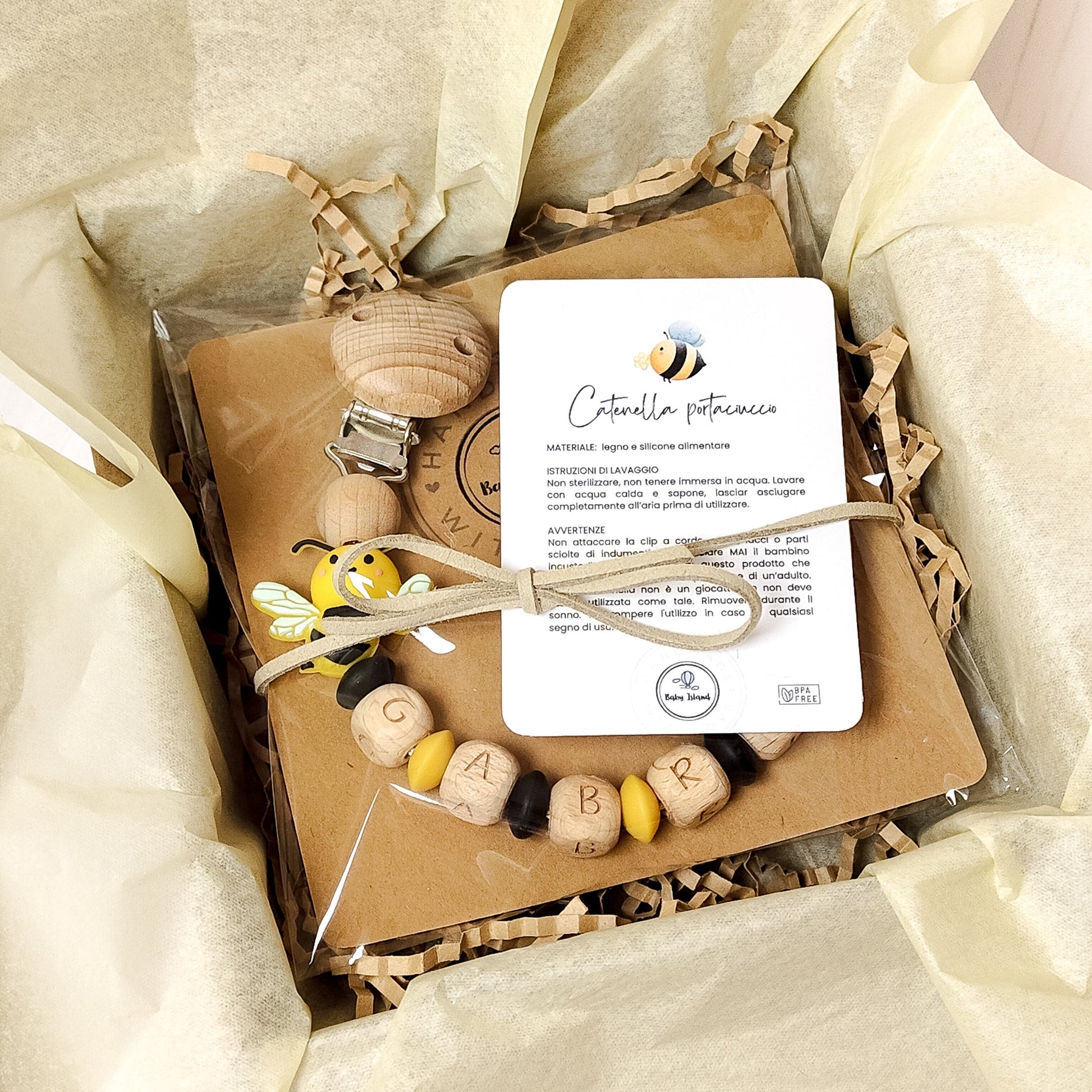 catenina ciuccio ape neonato personalizzata gialla e nera