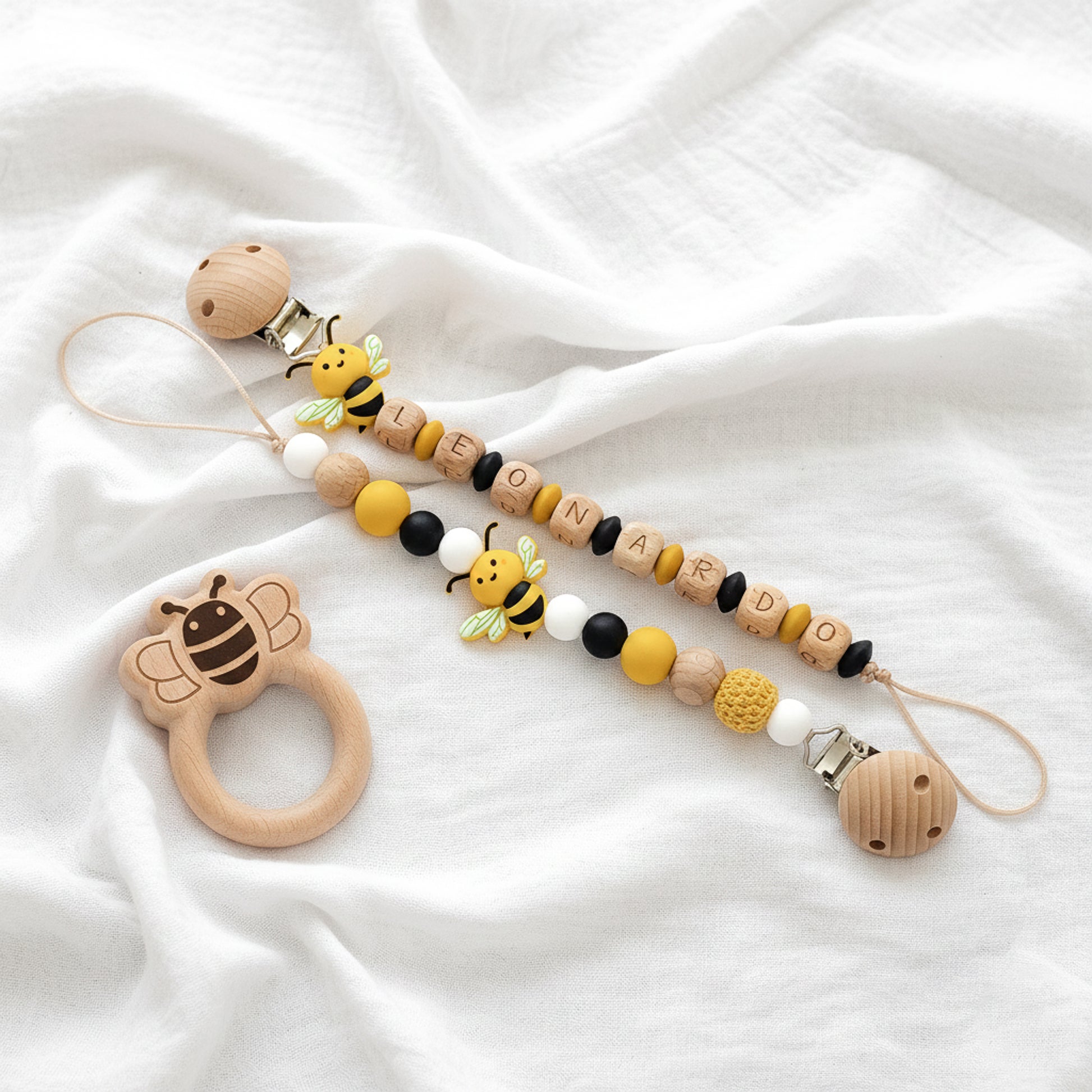 catenelle ciuccio ape personalizzate con nome, accessori neonato a tema ape