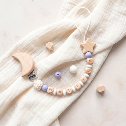 catenella porta ciuccio viola lilla per neonata personalizzata con nome in legno e silicone