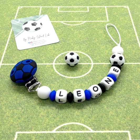 catenella ciuccio inter con nome neonato nero azzurro in silicone con clip a forma di pallone da calcio piccolo tifoso