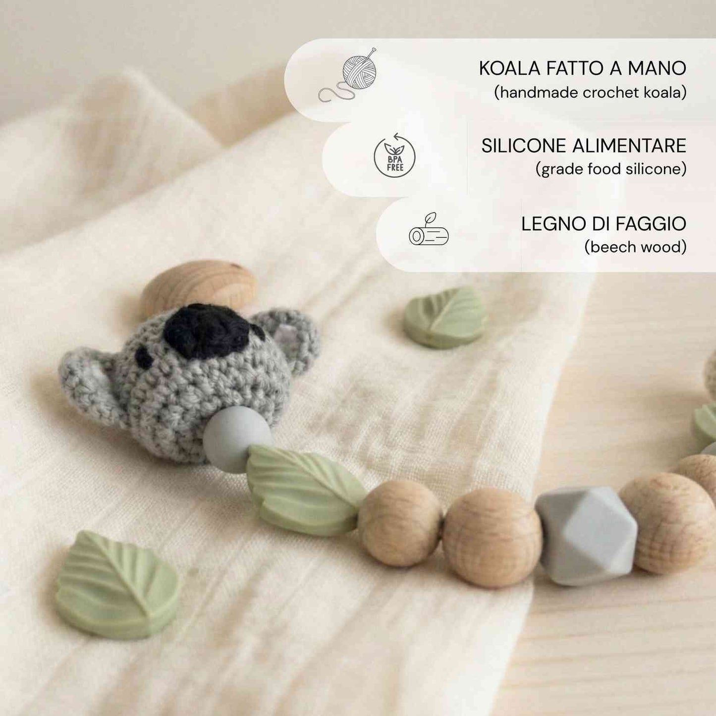 Catenella ciuccio Koala personalizzata in legno e silicone, con dettagli in silicone alimentare e legno di faggio, per neonati