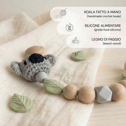 Catenella ciuccio Koala personalizzata in legno e silicone, con dettagli in silicone alimentare e legno di faggio, per neonati
