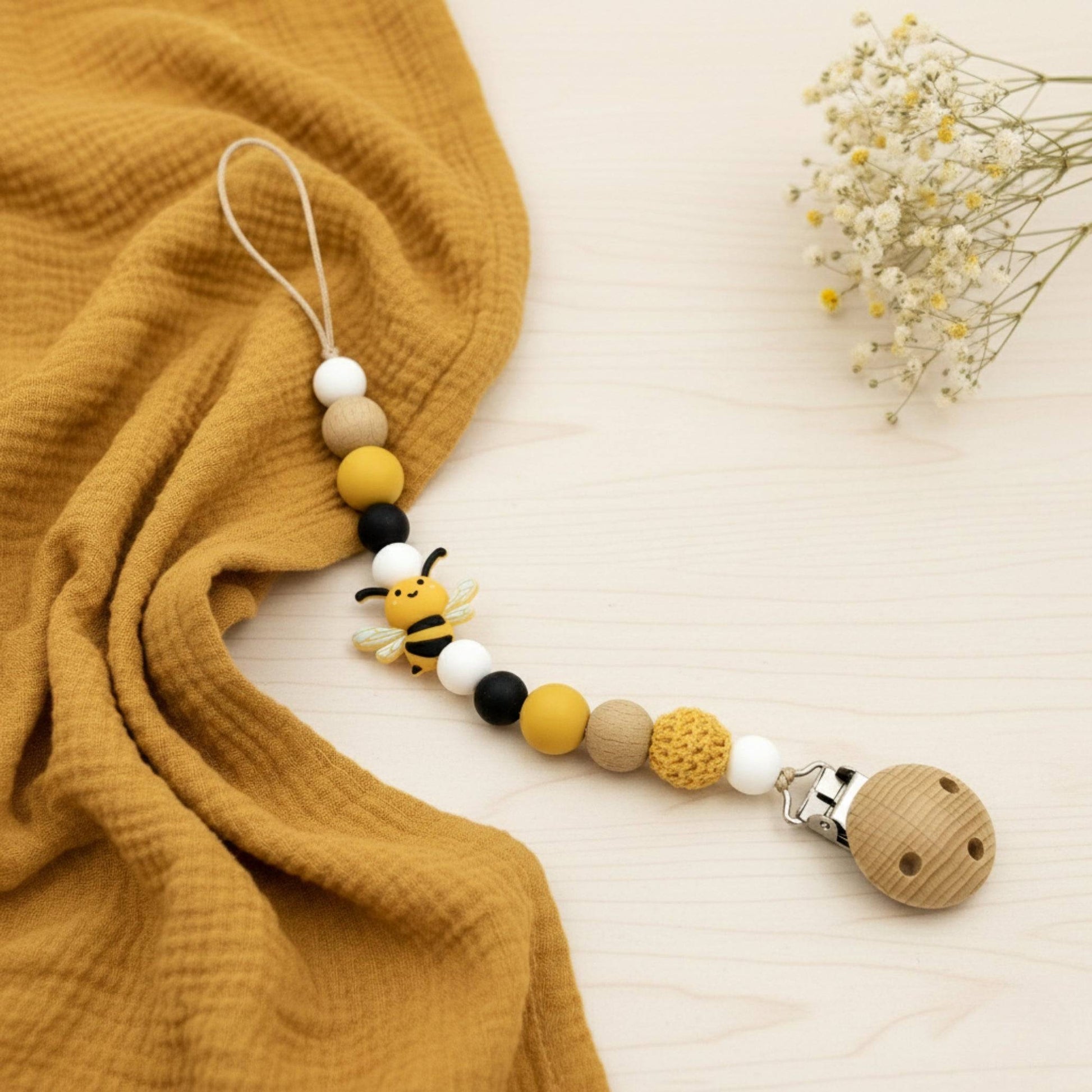 Catenella ciuccio Ape con perline in silicone e legno, design giallo e nero, clip in legno, ideale per neonati e bambini piccoli.