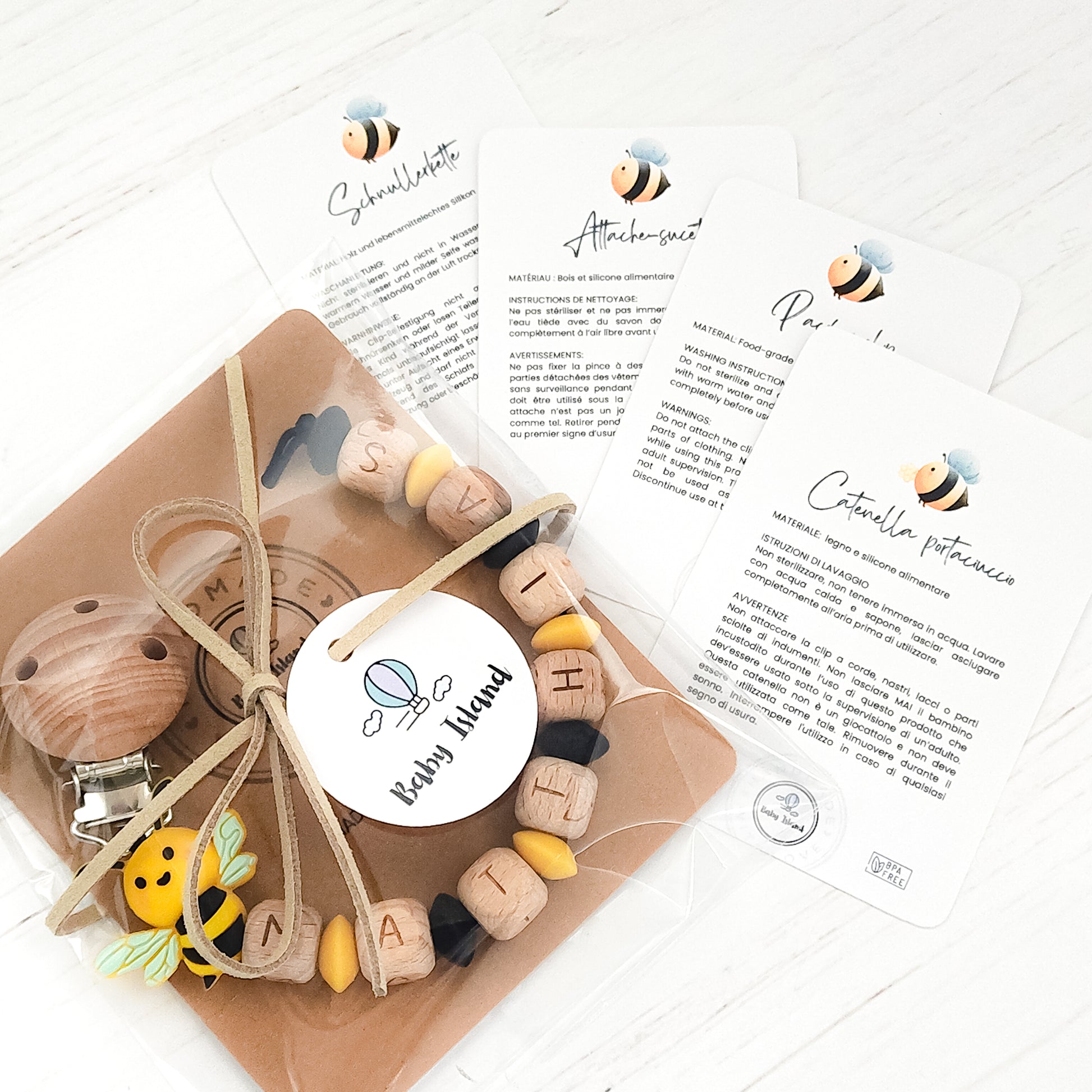 catenella porta ciuccio ape personalizzata con nome