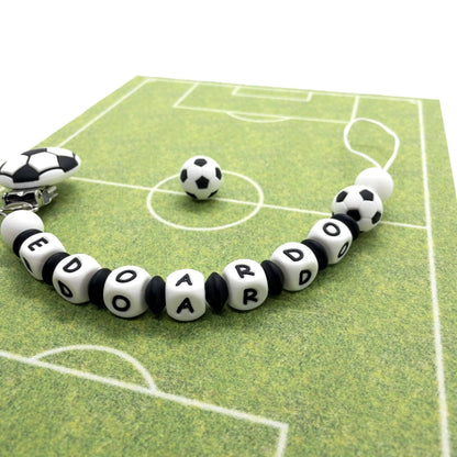 catenina con nome porta ciuccio pallone da calcio bianco nero tifoso calcio neonato