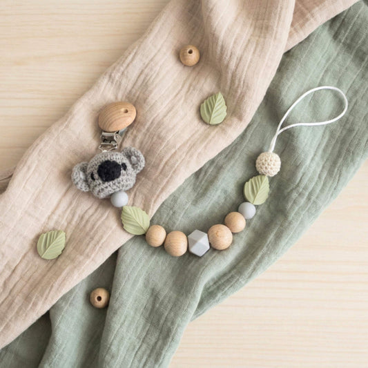 Custom Koala pacifier chain in natural wood and food-grade silicone