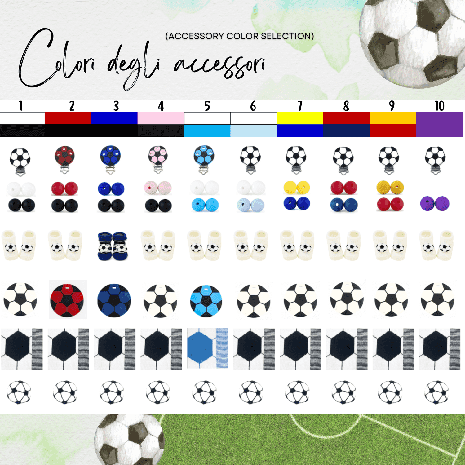 Griglia scelta colori per set neonato piccolo tifoso a tema calcio, accessori neonato calcio milan, inter, juventus, fiorentina, napoli, roma, lazio, cagliari