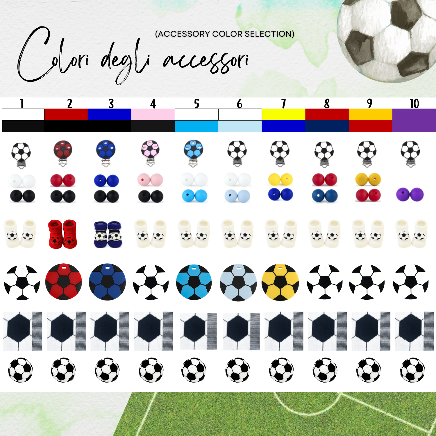 Griglia scelta colori per set neonato piccolo tifoso a tema calcio, accessori neonato calcio milan, inter, juventus, fiorentina, napoli, roma, lazio, cagliari