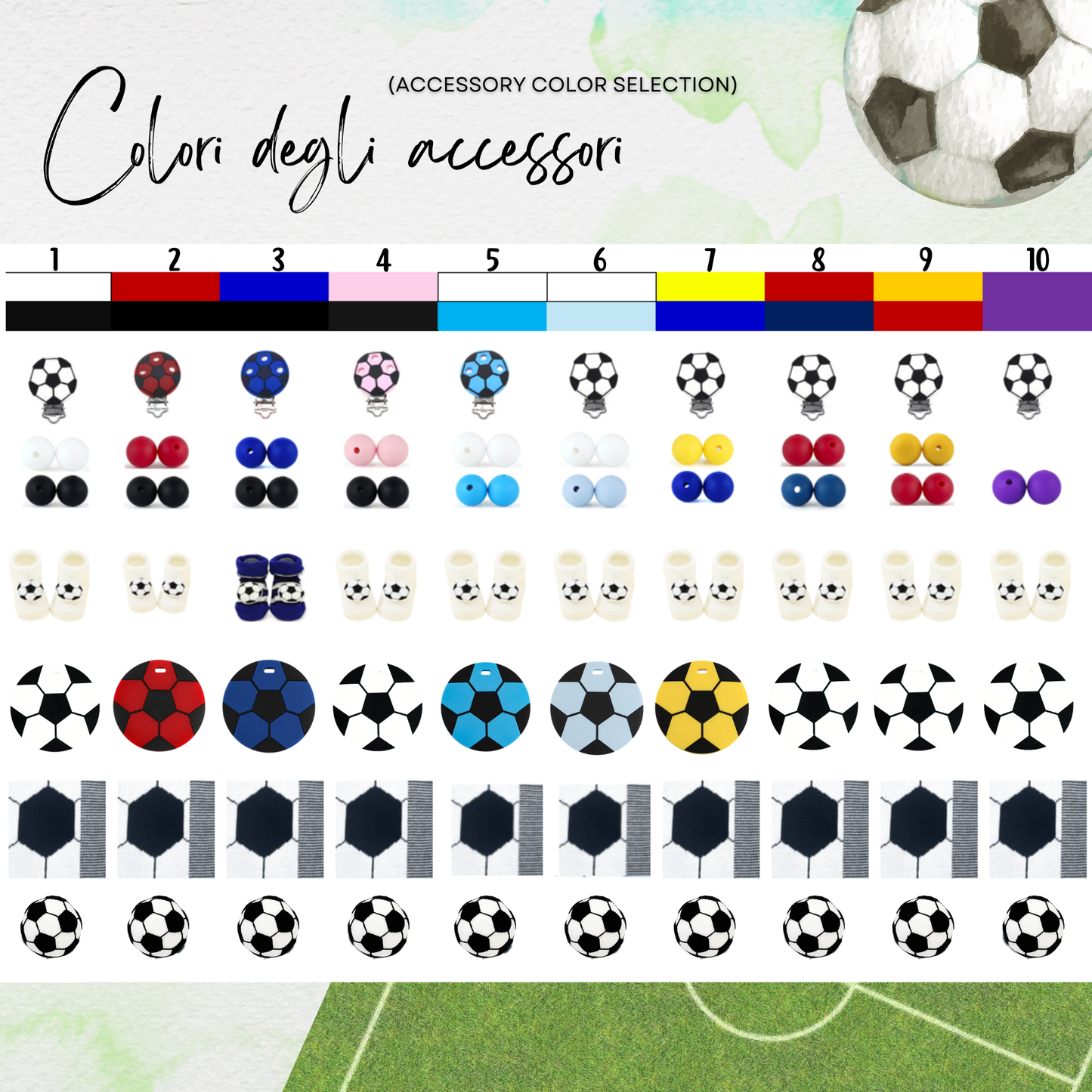 Griglia scelta colori per set neonato piccolo tifoso a tema calcio, accessori neonato calcio milan, inter, juventus, fiorentina, napoli, roma, lazio, cagliari