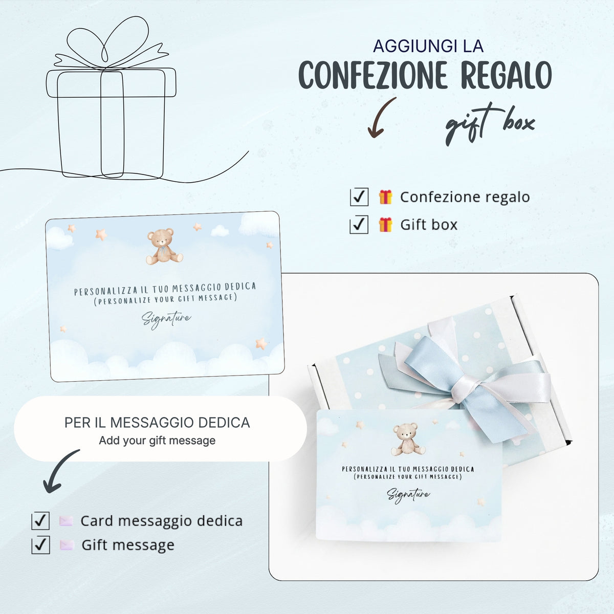 Confezione regalo Baby Island con fiocco azzurro e biglietto personalizzabile, ideale per set regalo neonato azzurro personalizzato.