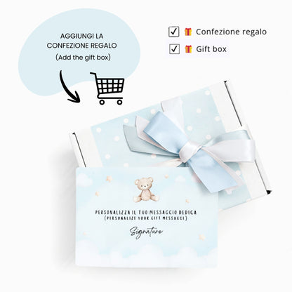 Confezione regalo Baby Island con fiocco azzurro e biglietto personalizzabile, ideale per set regalo neonato azzurro personalizzato.