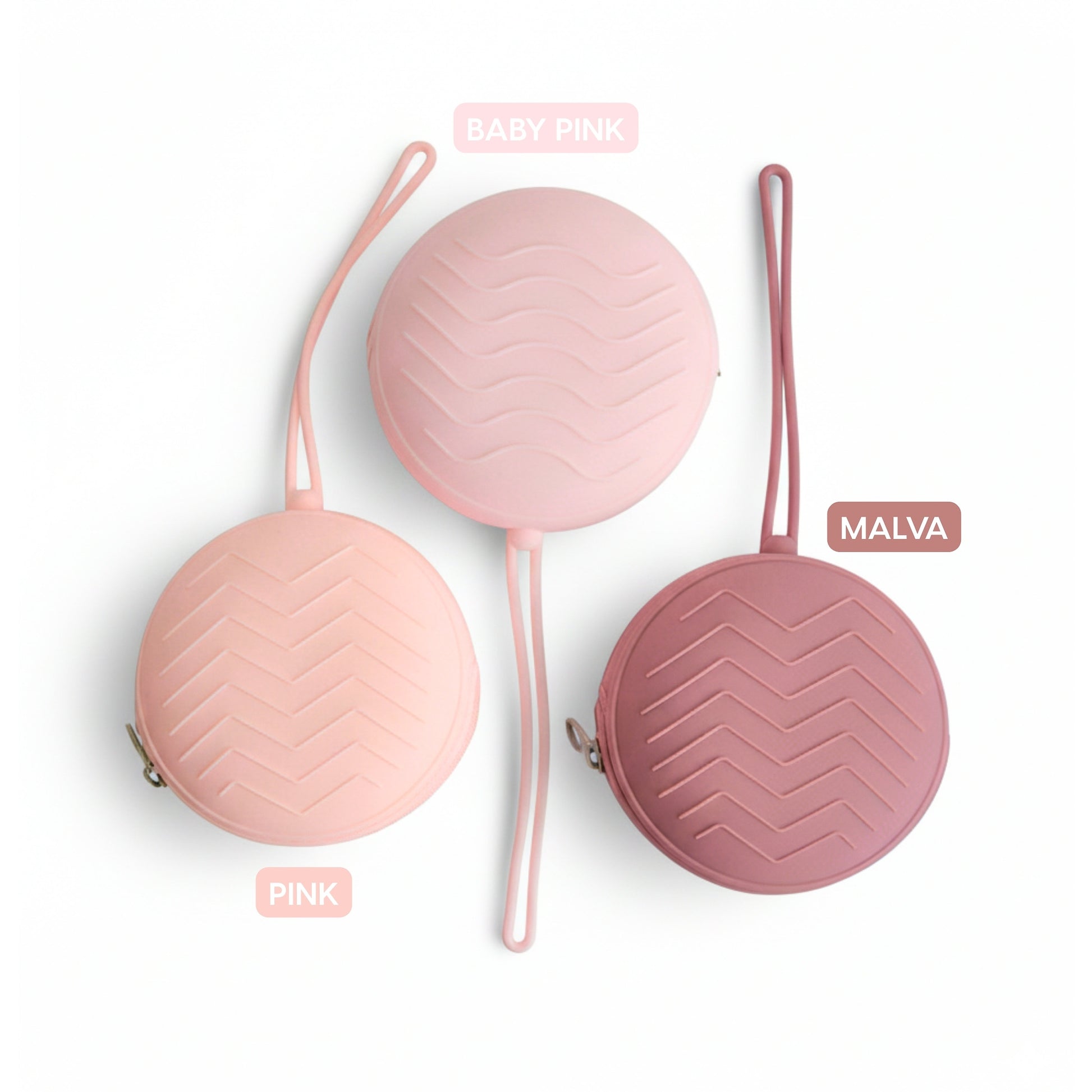 Custodie per ciuccio in silicone Baby Island nei colori rosa: baby pink, pink e malva, perfette come idea regalo per neonati.