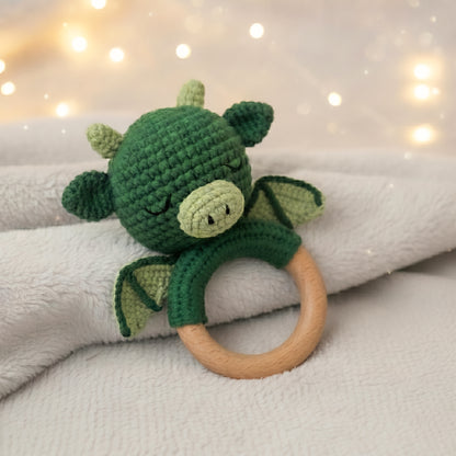 Sonaglio neonato drago in cotone con anello in legno