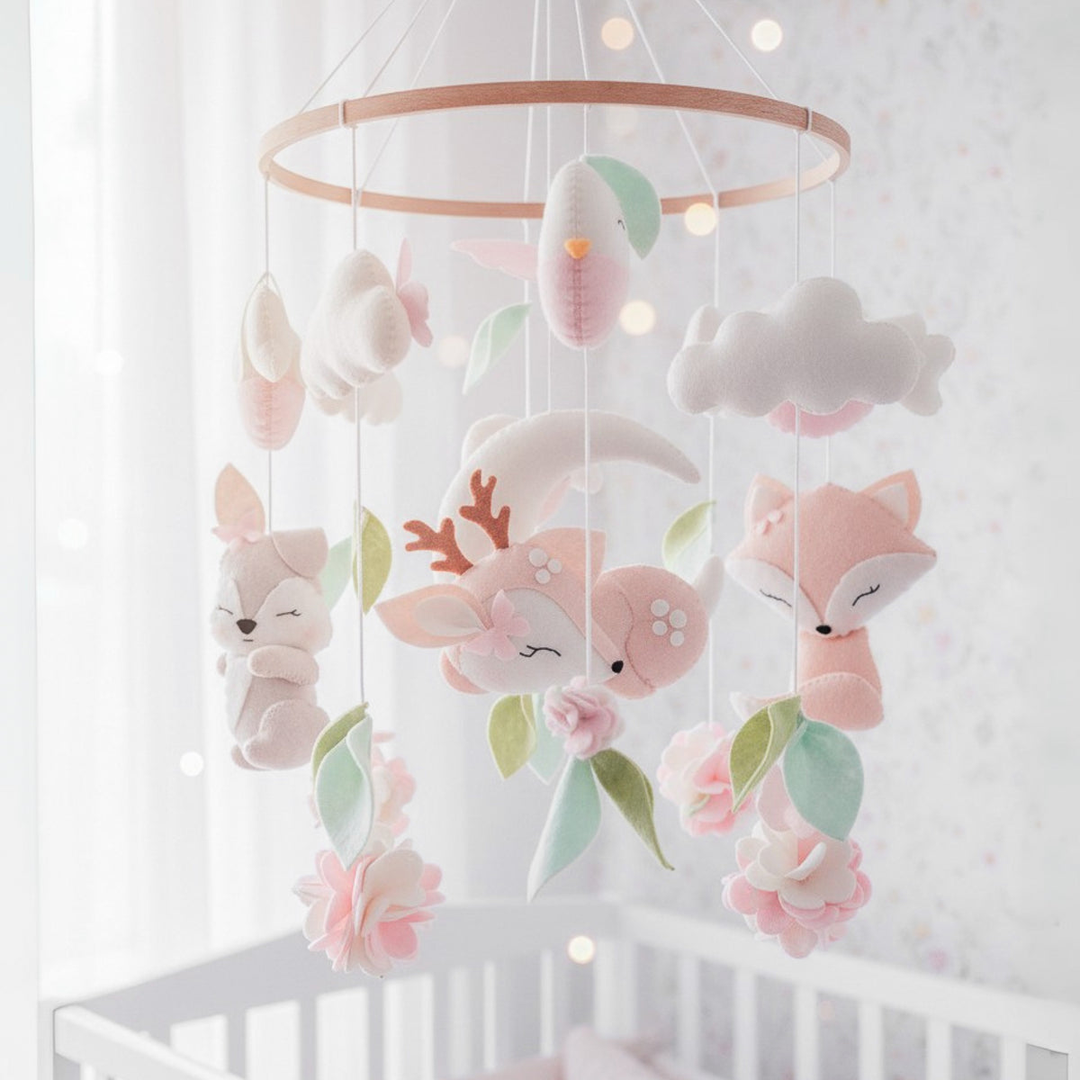 Giostrina per culla cucita a mano, colori soft e neutri con decorazioni nuvole, fiori e animali del bosco con cerbiatto che dorme sulla luna al centro