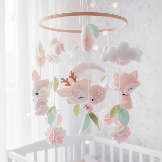 Giostrina per culla cucita a mano, colori soft e neutri con decorazioni nuvole, fiori e animali del bosco con cerbiatto che dorme sulla luna al centro