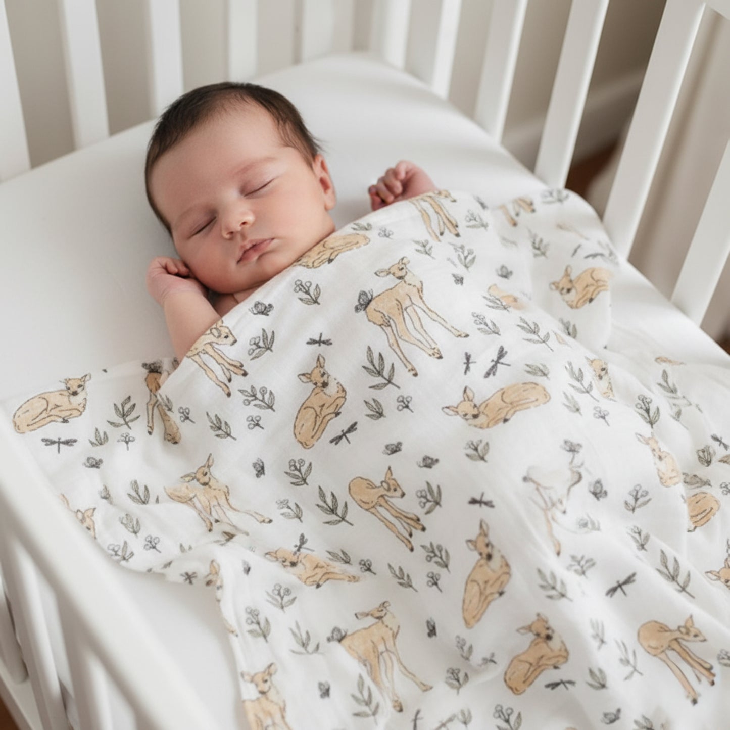 musssola per neonato con fantasia cerbiatto natura colori neutri, 110x120 formato grande adatto per allattamento