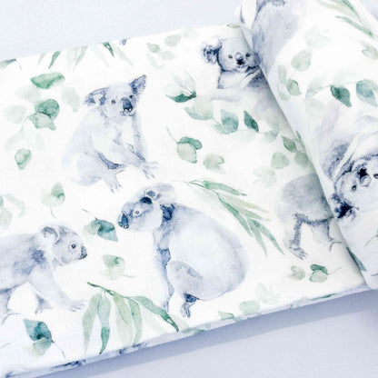 salvietta assorbente neonato per bagnetto accessorio mussola cotone bambu con foglie e koala grigio verde