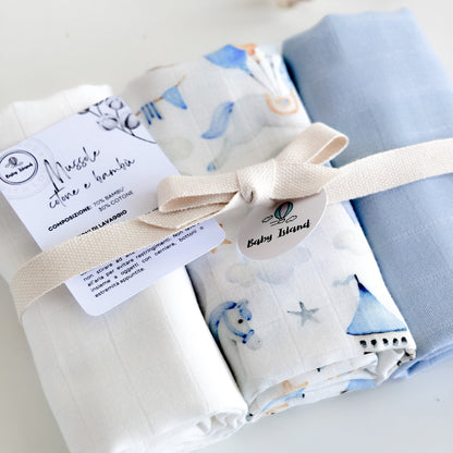 mussole per la cura del neonato in formato 50x55, set da 3 azzurro e bianco