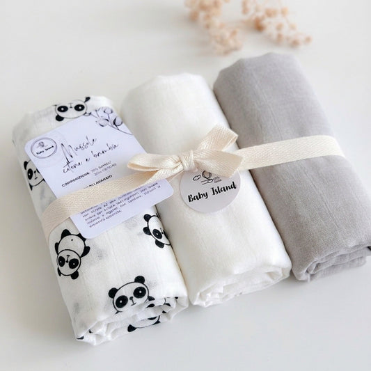 Se di mussole per neonato con Panda, bianco e grigio in morbido cotone e bambù, formato 50x55 cm