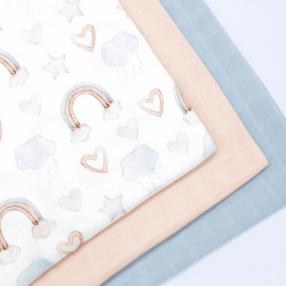 set di mussole per neonato fantasia pastelo, rosa azzurro in cotone e bambù