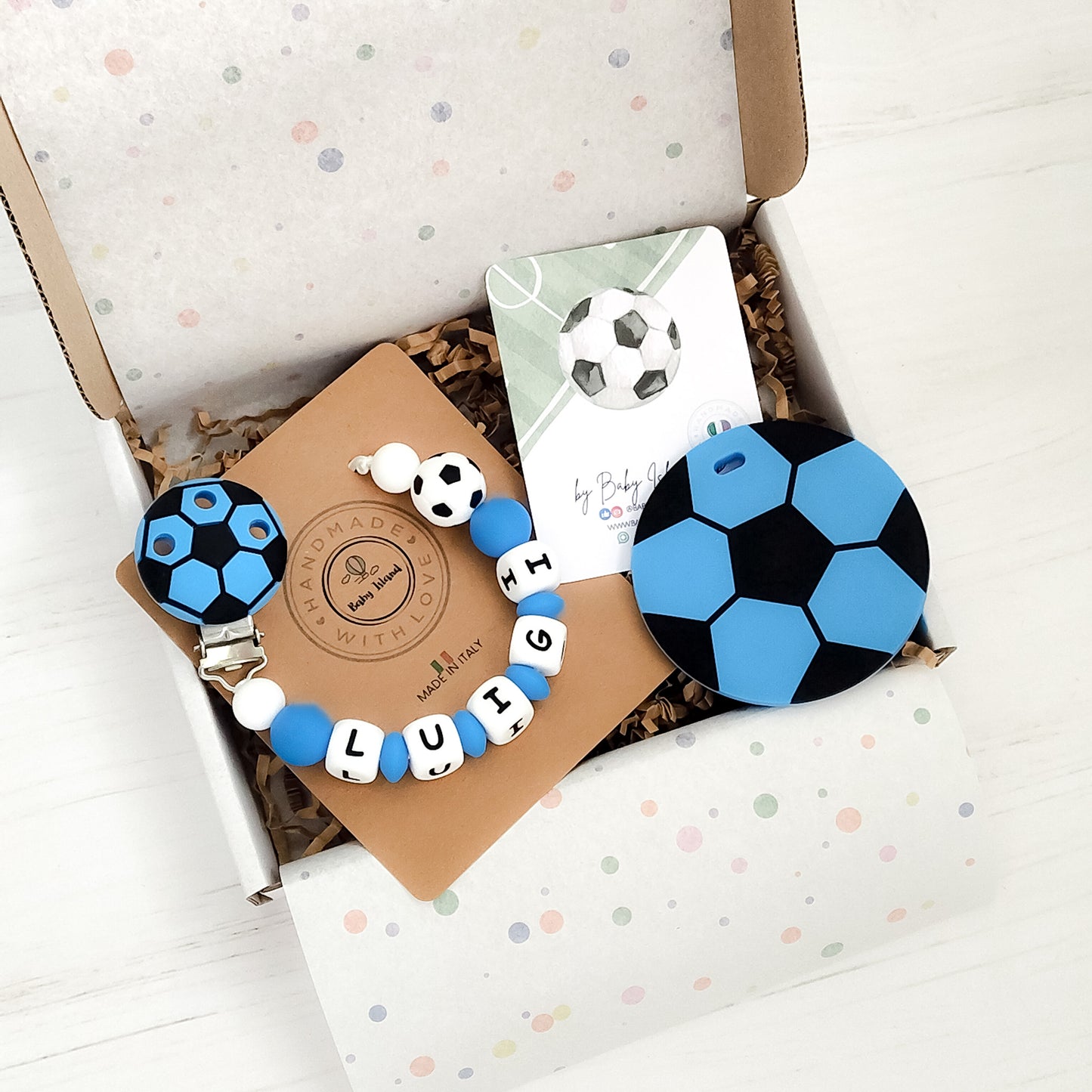 Ciuccio Napoli, Catenella portaciuccio calcio napoli bianco azzurra personalizzata con nome in silicone idea regalo a tema calcio 