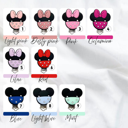 Portaciuccio silicone personalizzato con nome catenella colorata per bimbo e bimba stile Minnie