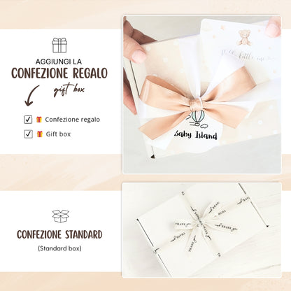 Confezione regalo per neonata con accessori, idea regalo pensiero per neonata confezionata con fiocco.