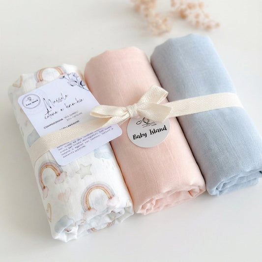 Set mussole per neonati in tonalità pastello, 3 mussole rosa, azzurro e fantasia arcobaleni pastello