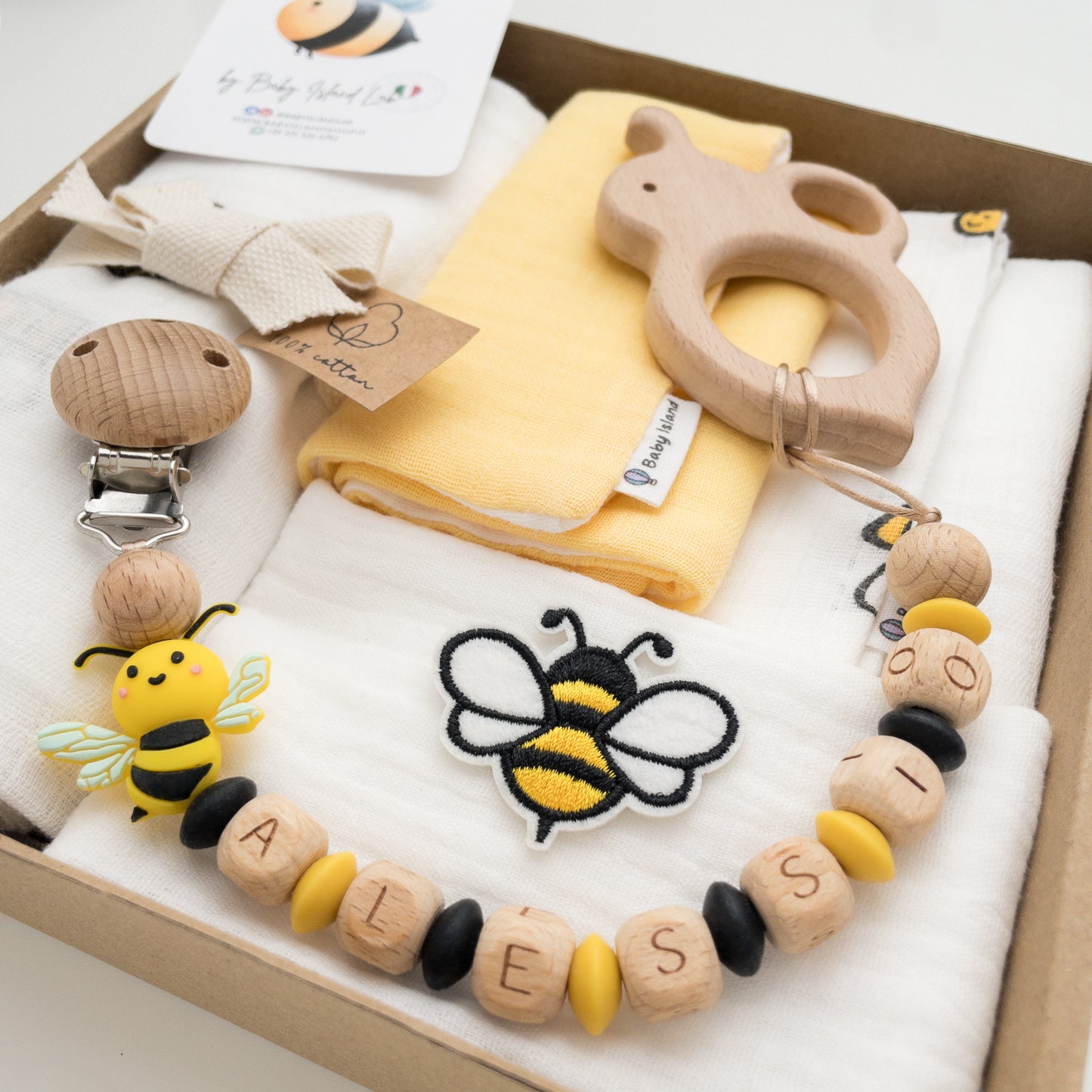 Set neonato con apetta in legno e catenella portaciuccio ape personalizzata con ape, include mussole e fazzoletti per la cura del neonato gialle e bianche con piccole api in 100% cotone