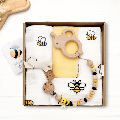 regalo baby shower genere neutro api con accessori per neonato a tema ape, massaggiagengive, catenina ciuccio e mussole cotone