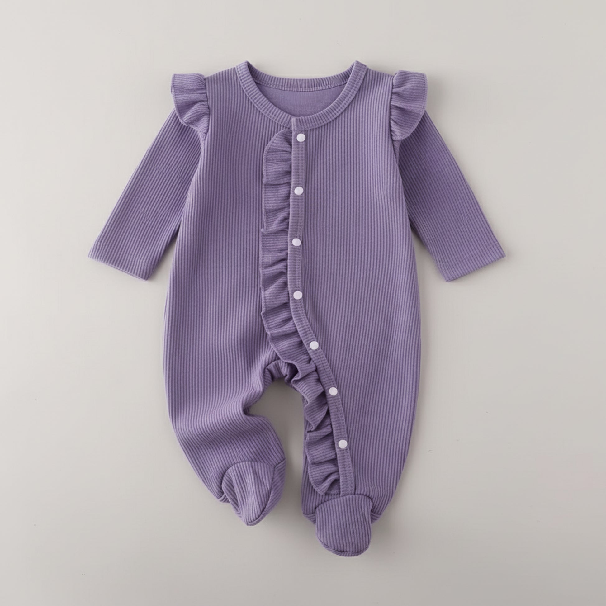 Pagliaccetto neonata viola con voulant tagli 1-3 mesi