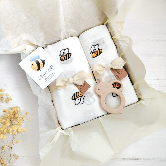 Set mussole neonato a tema api, un telo XL, una mussola piccola con massaggiagengive in legno in regalo!
