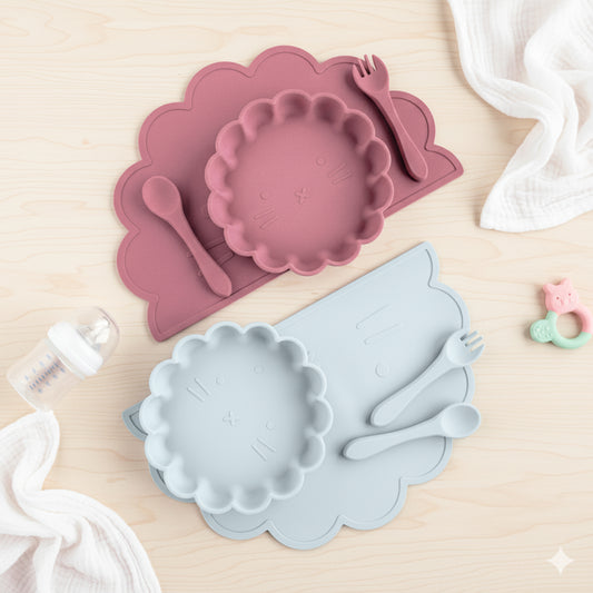 Set svezzamento in silicone alimentare completo di piatto, posate e tovaglietta per bambini fino a 36 mesi