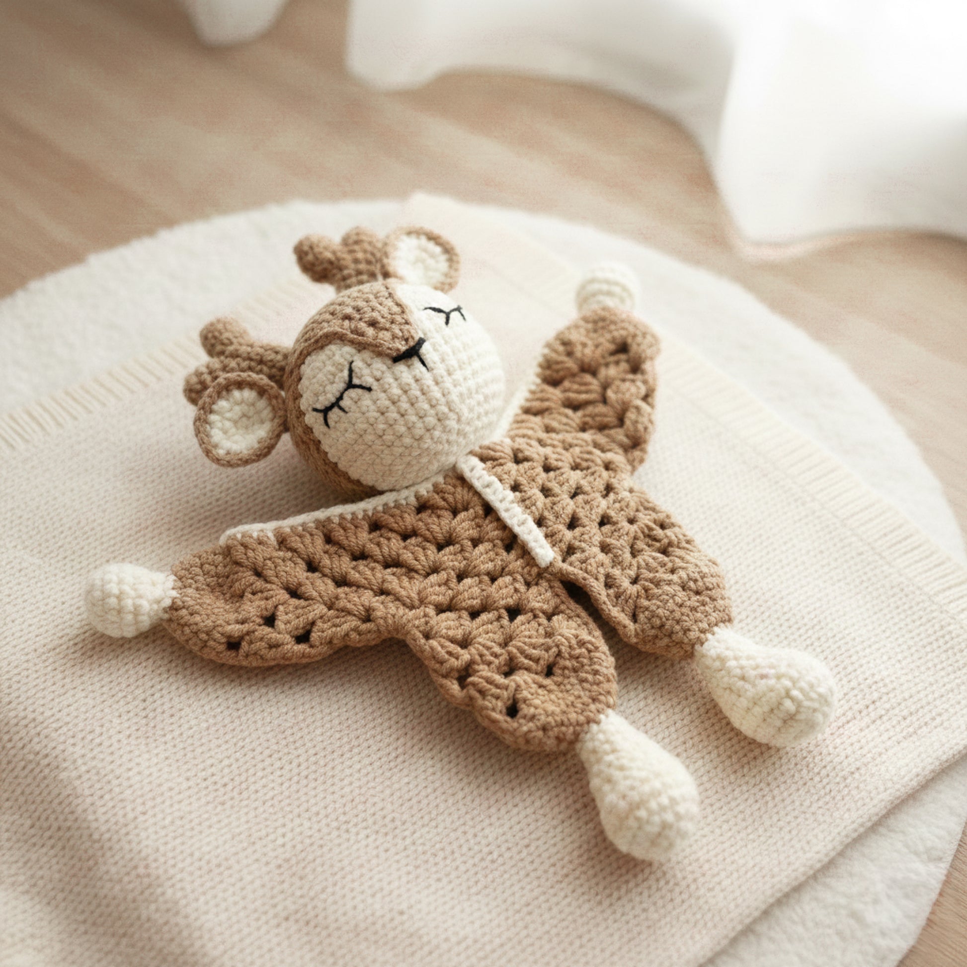 Dou dou Cerbiatto fatto a mano all'uncinetto, ideale per baby shower e nuova nascita femmina. Design dolce e originale.