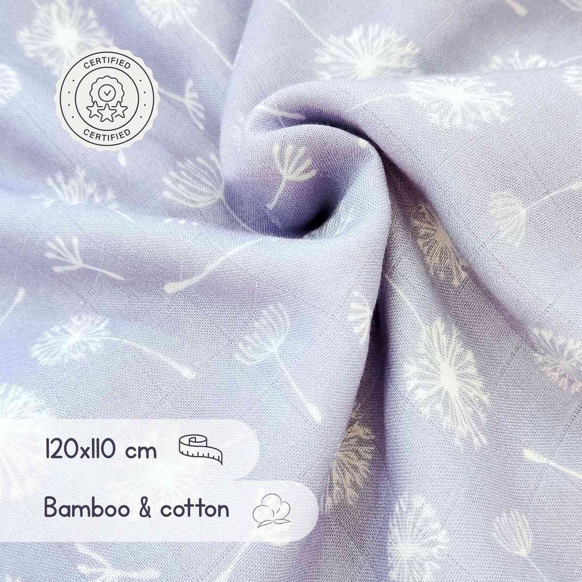 Tessuto in mussola lilla con delicati motivi di fiocchi di neve bianchi, certificato e morbido, dimensioni 120x110 cm, ideale per neonata.
