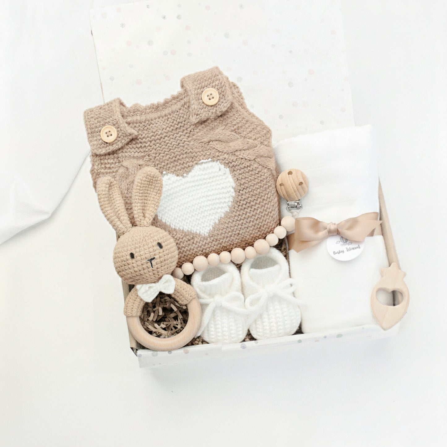 regalo neonato coniglietto unisex beige e bianco, con 6 elementi multiuso