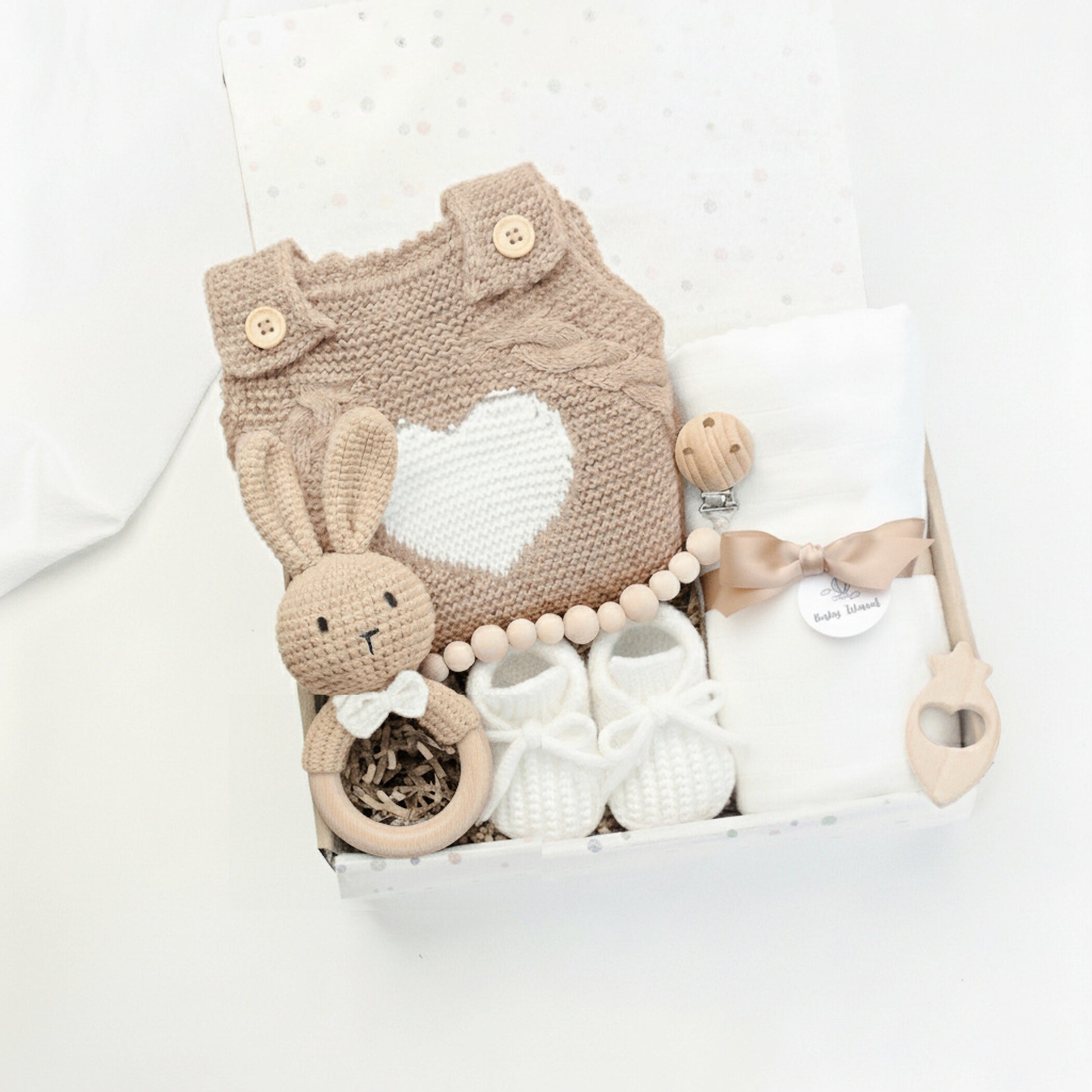 regalo neonato coniglietto unisex beige e bianco, con 6 elementi multiuso