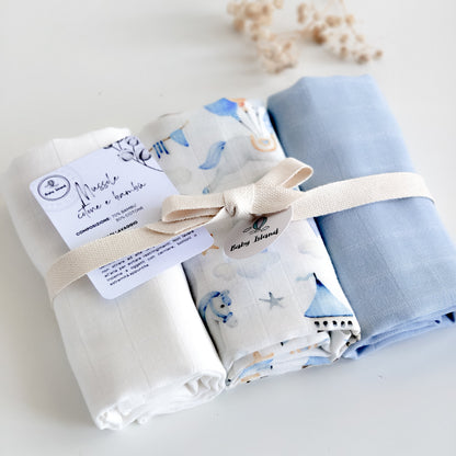 Mussole neonato in cotone e bambù per maschietto, set da 3 colori bianco azzurro e fantasia