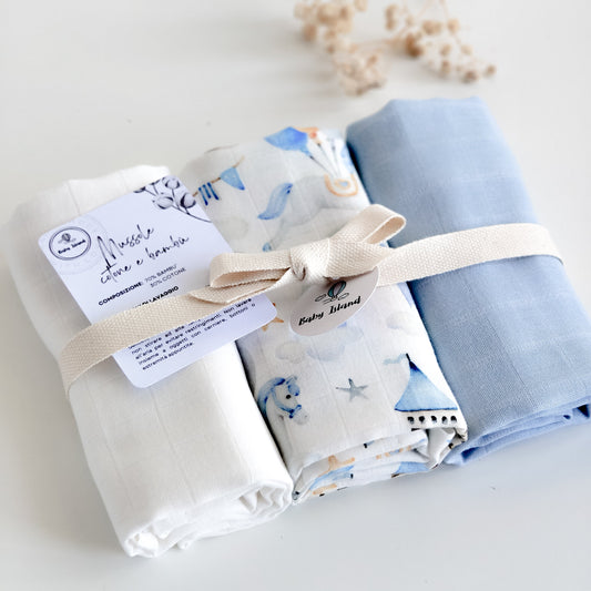 Mussole neonato in cotone e bambù per maschietto, set da 3 colori bianco azzurro e fantasia